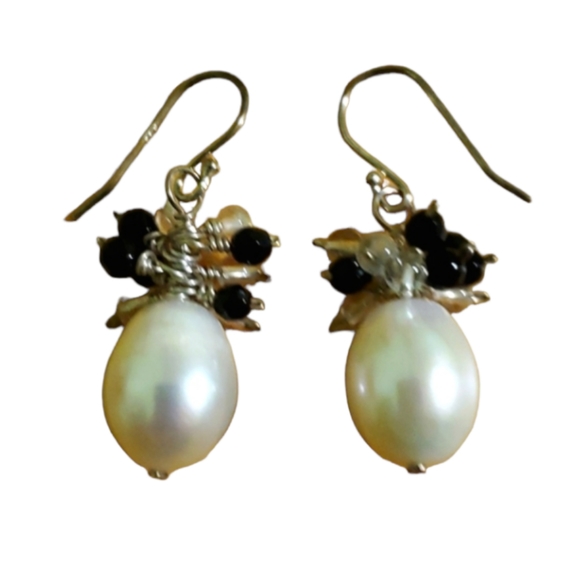 Sterling silver pearl and semiprecious stone earrings - Picture 5 of 5
